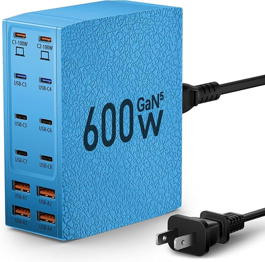 Charging Station (600W),12-Port USB C Charger Block with Dual 100W PD USB-C Fast Charging Station Hub for MacBook Pro/Air/All iPad iPhone 17/16 15/14/13/Pro Max/Samsung Galaxy Note(Blue)-DeskLoop Office