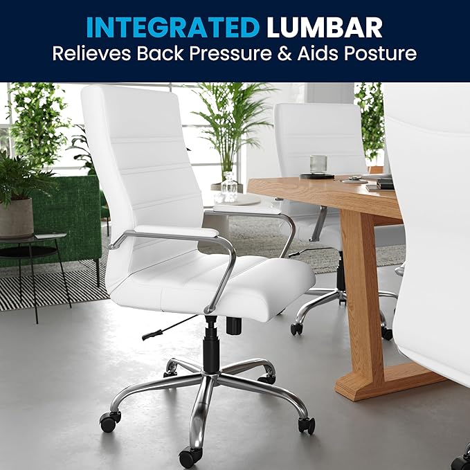 Flash Furniture Whitney High-Back Swivel LeatherSoft Desk Chair with Padded Seat and Armrests, Adjustable Height Padded Office Chair, White/Chrome-DeskLoop Office