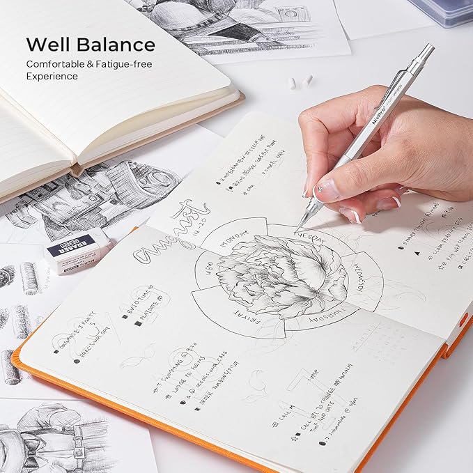 Nicpro 4 Pack Metal Mechanical Pencil Set 0.5 mm & 0.7mm with Case, Artist Pencil MP1000 with 8 Tubes HB & 2B Lead Refill, 3 Eraser, 9 Eraser Refill For Art Writing Drafting Drawing,Black & Silver-DeskLoop Office