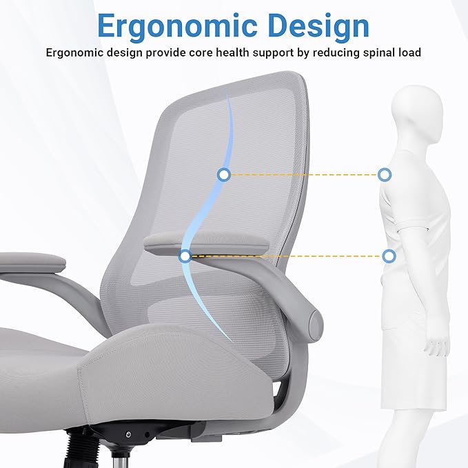 HYLONE Heavy Duty Office Chair, 5" Thickened Seat Ergonomic Desk Chair with Adjustable Armrests, Home Office Computer Chairs for Long Hours Mesh Executive Chair(Grey)-DeskLoop Office