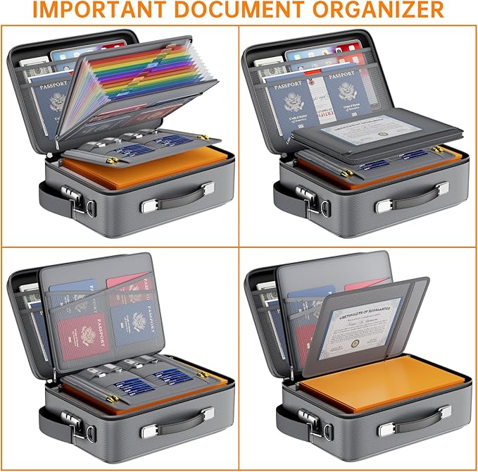 DocSafe Fireproof Document Box with Lock, Hard Case File Organizer with Accordion File Folder, Fireproof Water Resistant Safe Box Home Office Travel Storage for Important Documents Laptop Gray-DeskLoop Office