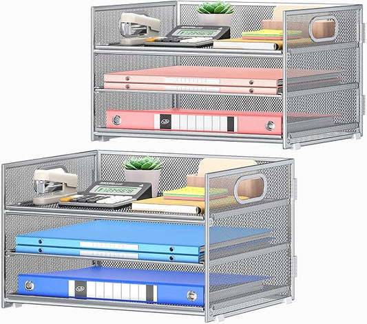 Subekyu 2-Pack 3-Tier Silver Metal Mesh Desk Paper Letter Tray & File Sorter Organizer with Handle + 1 Sliding Tray for Desk, Home, Office, School Supplies, A4 Paper and Accessories Storage-DeskLoop Office