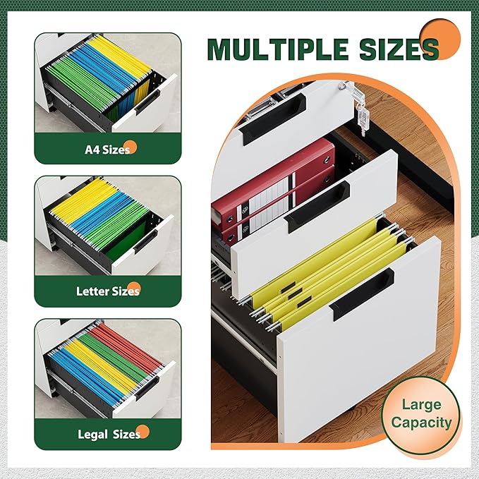Letaya 3 Drawer Mobile File Cabinet with Lock,Under Desk Metal Small Filing Cabinets for Home Office Organizer Letters/Legal/A4(Fully Assembled Except Wheels-White)-DeskLoop Office