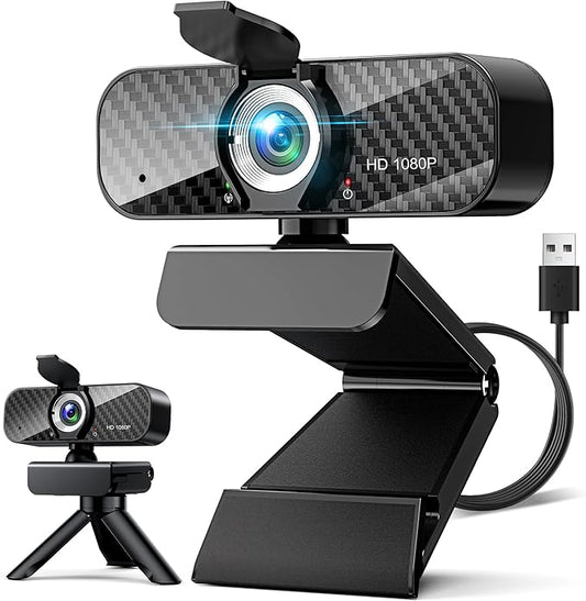 Webcam Full HD 1080P with Built-in Microphone and Rotatable Tripod, Carbon Fiber Board and Privacy Cover, Auto Light Correction, Adjustable FOV, Plug&Play for Zoom/Skype/Facetime/YouTube, Laptop/PC-DeskLoop Office