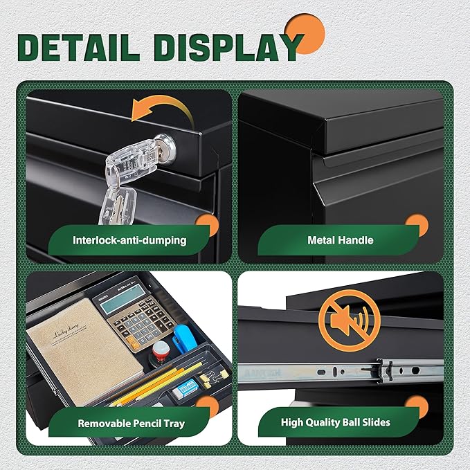 Letaya 3 Drawer Mobile File Cabinet with Lock,Under Desk Metal Filing Cabinets for Home Office Organizer Letters/Legal/A4((Fully Assembled-Black)-DeskLoop Office