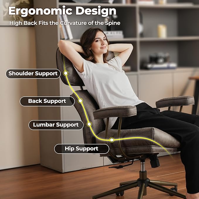 ovios Home Office Chair, Mid-Century Modern Faux PU Leather Chairs with Lumbar Support Comfy Thick Cushion, High Back Ergonomic Swivel Rolling Executive Armchair (Dark Grey, Suede Leather)-DeskLoop Office