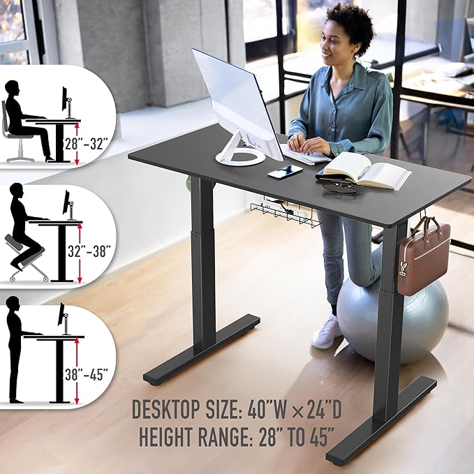 SHW 40-Inch Electric Height Adjustable Standing Desk with Drawer, Memory Preset and Cable Management Tray, Black-DeskLoop Office