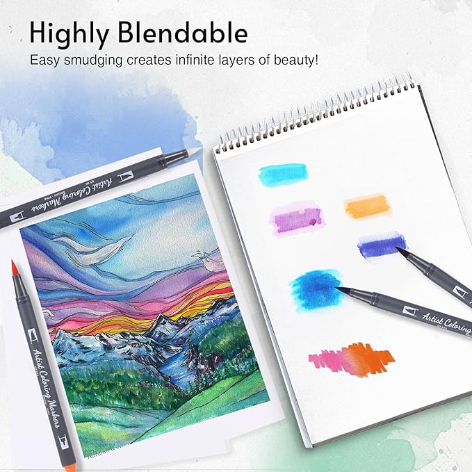 12 Colors Blendable Watercolor Markers Pens 2025 Upgrade Water Paint Set Double Tip Paint Pens with 1 Water Brush Pen Water Based Coloring Pens Drawing Markers Set with Brush Tip for Artists&Beginners-DeskLoop Office