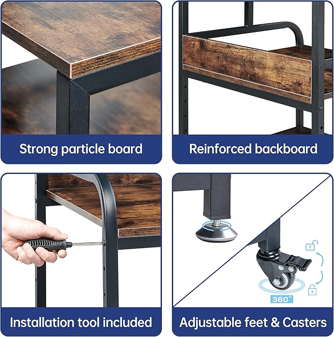 23.6" Deep Extra Large Printer Stand, 3 Tier Printer Table with Adjustable Storage Shelf, Rolling Printer Cart with Industrial Wheels for Home Office, Rustic Brown-DeskLoop Office