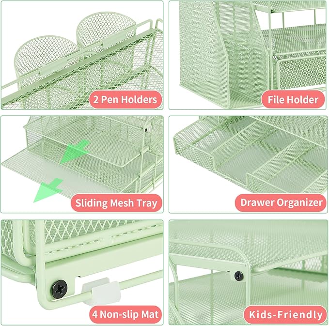 Desk Organizer and Accessories, 4-Tier Desktop File Organizer with Drawer and 2 Pen Holders, Office Desk Accessories for Office Supplies(Green)-DeskLoop Office