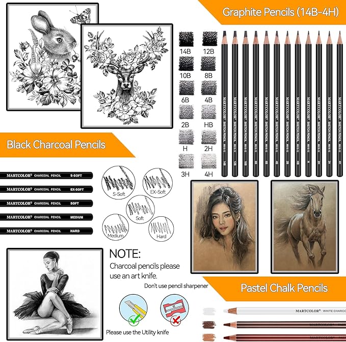 Drawing Sketching Pencils Set, 34 Pieces Pro Art Pencil Kit - Graphite Pencils (14B-4H), Charcoal Pencils, Charcoal Sticks, Artist Pencils for Beginners & Pro Artists-DeskLoop Office