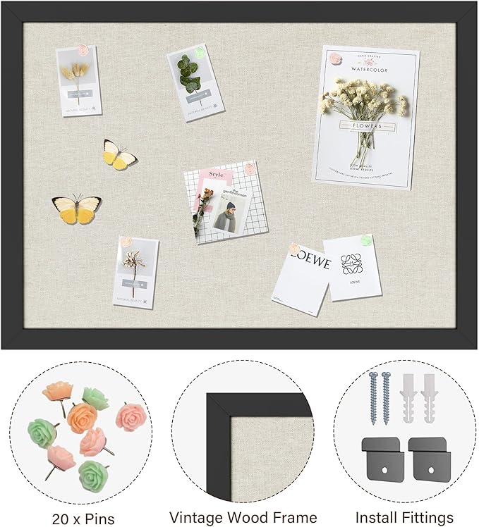 Cork Board Bulletin Board 18" x 24", Large Linen Corkboards with Frame for Walls, Cute Picture Display Pin Board Vision Board for Room School Office Bedroom 20 Pushpins Vintage Black-DeskLoop Office