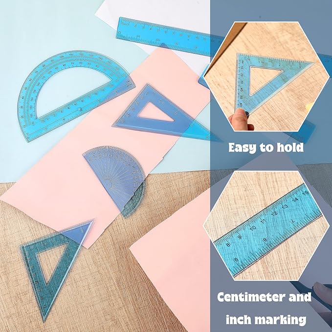 Zonon 1 Set Plastic Geometry Math Set Includes Drawing Compass, 6 Inch 4 Inch Protractor, 45/60 Degree Triangle Rulers 12 Inch 6 Inch Math Ruler Transparent for Office Supplies(Blue)-DeskLoop Office