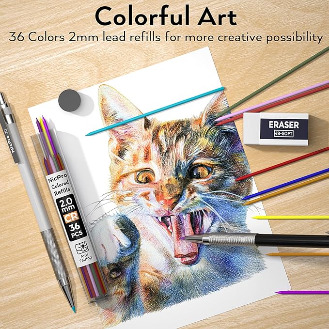 Nicpro 17PCS Metal 2mm Mechanical Pencil Set in Leather Case, 5 PCS 2.0 mm Lead Pencil Holders (4B 2B HB 2H 4H) 6 Tube Black Colored Lead Refills, Erasers, Sharpener For Art Drafting Sketching Drawing-DeskLoop Office