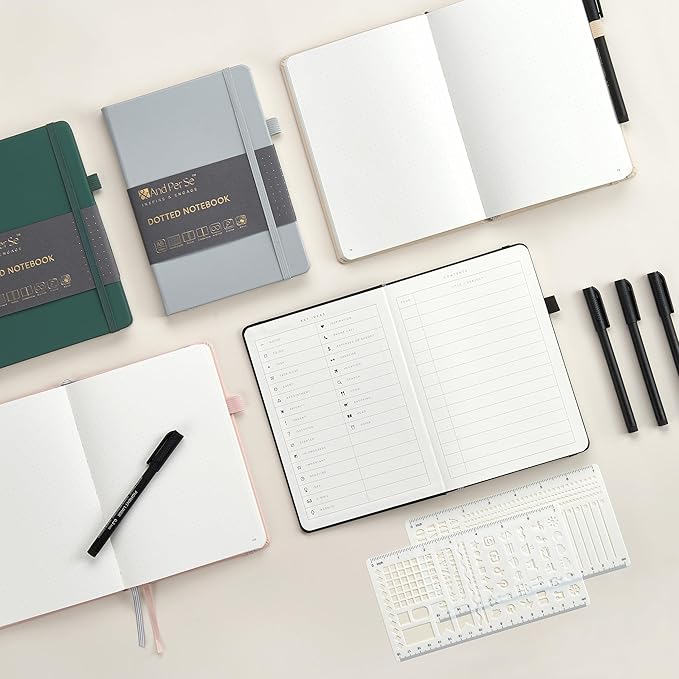 &And Per Se Bullet Dotted Journal Notebook, A5 Leather Hardcover, 176 Numbered Pages 100GSM Thick Dotted Paper, 2 Sheets of Stencils Included - 5.7'' x 8'' (Green)-DeskLoop Office