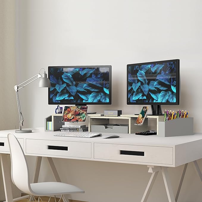Simple Houseware Desk Dual Monitor Stand Riser with Drawer, Maple-DeskLoop Office