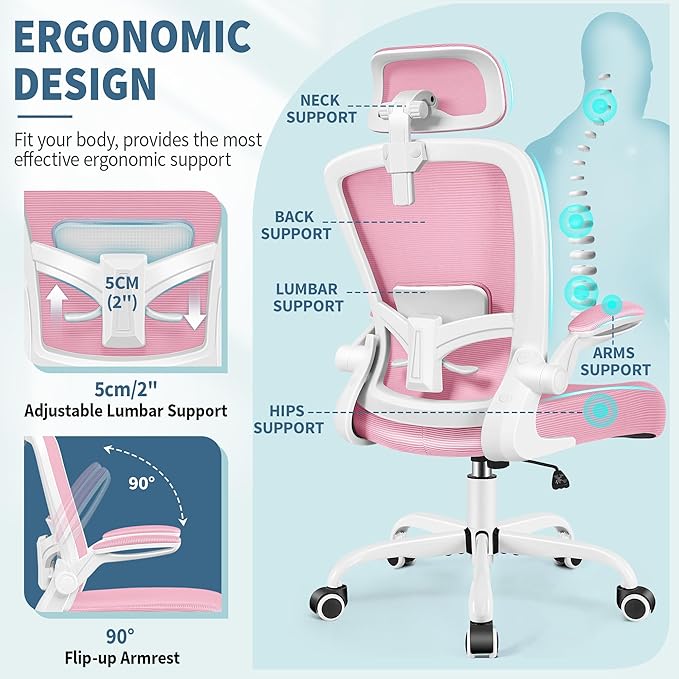 FelixKing Ergonomic Office Chair, Headrest Desk Chair Office Chair with Adjustable Lumbar Support, Home Office Swivel Task Chair with High Back and Armrest, Adjustable Height Gaming Chair(Pink)-DeskLoop Office