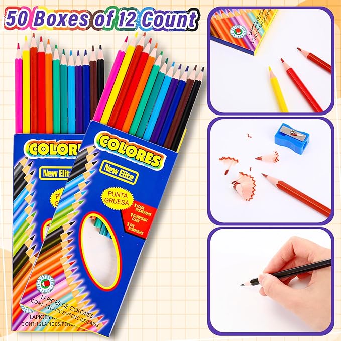 600 Count Colored Pencils Bulk, 12 Assorted Colors, 50 Packs Pre-sharpened Colored Pencils Back to School Supplies Aesthetic Kit for Kindergarten Preschool, with 24 Pcs Sharpeners-DeskLoop Office