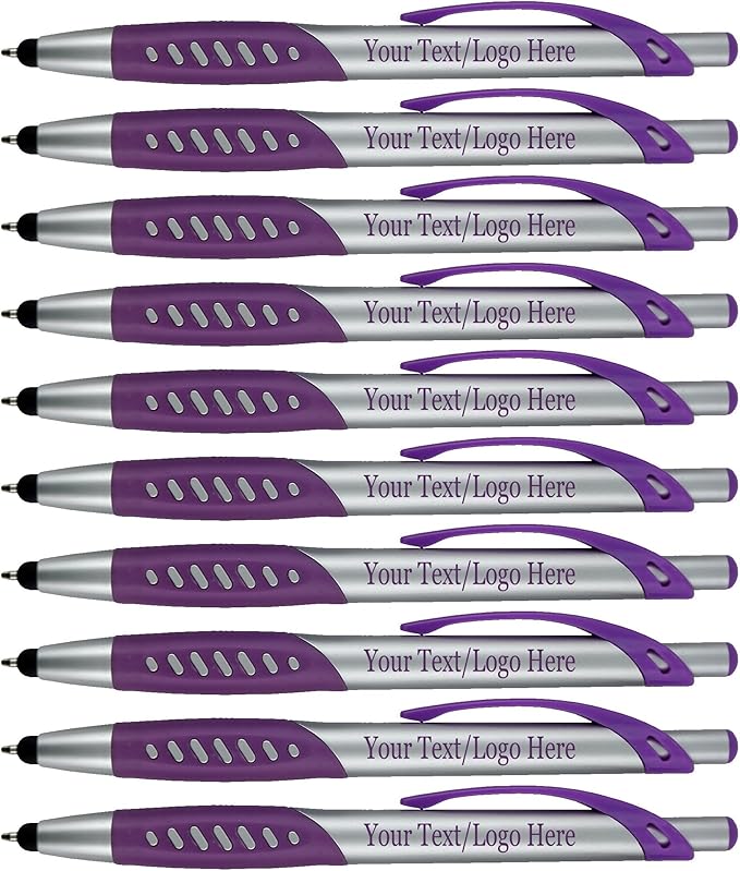 Personalized Pens With Custom Logo or Text-300 Pack Bulk-for Businesses, Parties, and Events, 2 in 1 Ballpoint Pen & Capacitive Stylus for Touchscreen Devices, Click Action, Black Ink, Purple-DeskLoop Office