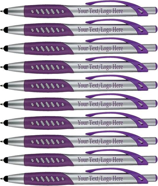 Personalized Pens With Custom Logo or Text-300 Pack Bulk-for Businesses, Parties, and Events, 2 in 1 Ballpoint Pen & Capacitive Stylus for Touchscreen Devices, Click Action, Black Ink, Purple-DeskLoop Office
