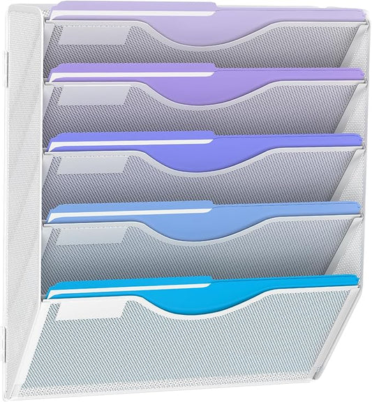 5 Tier Hanging Wall File Organizer, Mesh Mail Paper Orgnization Hanging File Folder Holder for Home Office, White-DeskLoop Office
