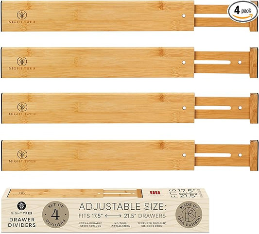Night Tree Expandable Bamboo Drawer Dividers – Spring-Loaded Wooden Organizers for Clothes, Kitchen Utensils, Bathroom, and Dresser Drawers (18" to 20")-DeskLoop Office