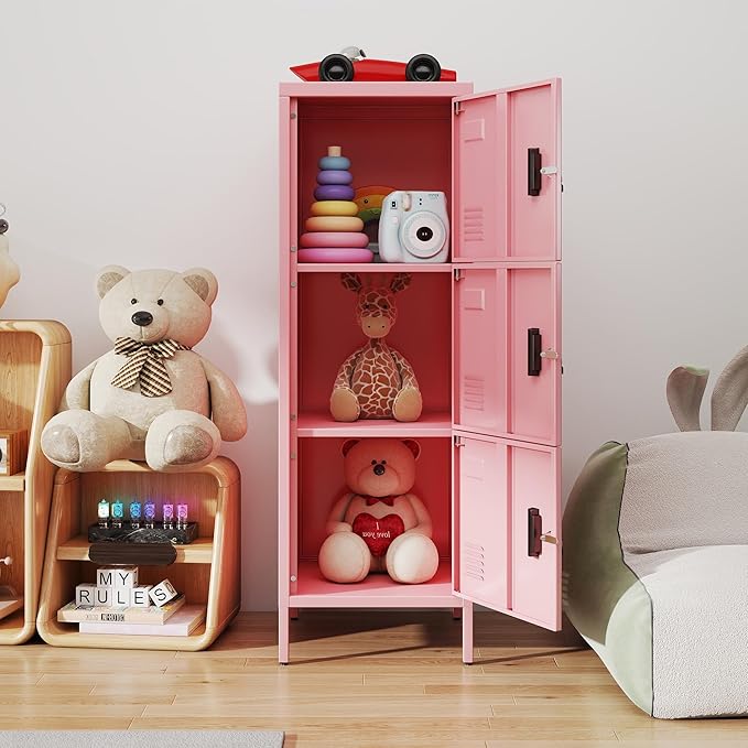 Aobabo 16" W 3 Door Metal Storage Locker with Lock, 47" H Steel Locker with Name Card Holder and Metal Leg for School, Home, Office, Playroom, Assembly Required, Pink-DeskLoop Office