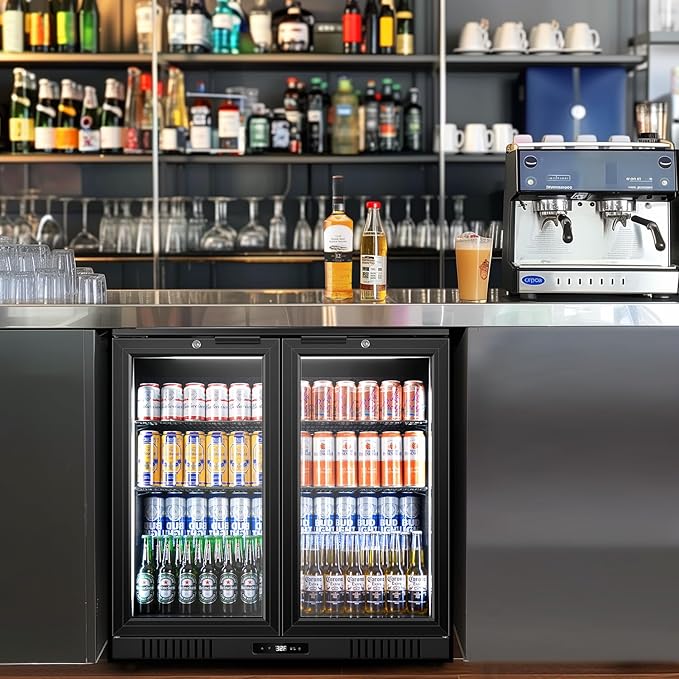 Tylza Back Bar Cooler With 2 Glass Doors, 7.2 Cu.Ft Under Counter Back Bar Refrigerator with LED Lighting, Safety Locks, Counter Height Bar Beverage Cooler for Beer, Soda Drinks, Wine, Black-DeskLoop Office