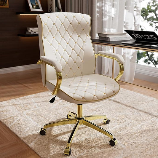 White and Gold Office Chair with Soft Leather Embroidery, Mid Back Vintage Swivel Executive Desk Chair with Wheels and Padded Arms, Adjustable Height-DeskLoop Office