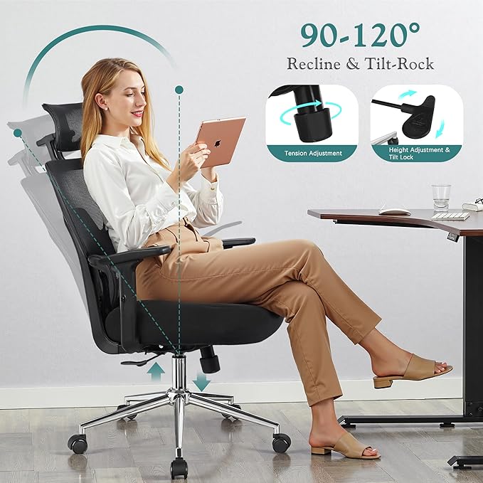 VECELO High Back Ergonomic Office Chair, Big and Tall Mesh Desk Chair with Wheels, Tilt Function, 3D Armrests & Headrest, Lumbar Support, Swivel Rolling Computer Chair for Task, Home Office, Black-DeskLoop Office