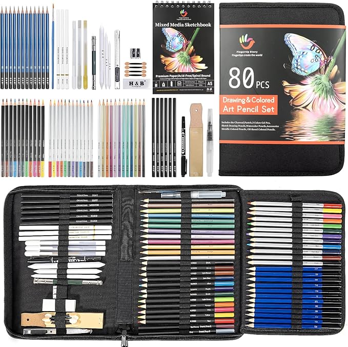 H & B 80-Pack Colored Sketching Art Pencil Set with 3-Color Sketchbook and Coloring Book - Includes Graphite, Watercolor, Metallic, and Oil-Based Colored Pencils-DeskLoop Office