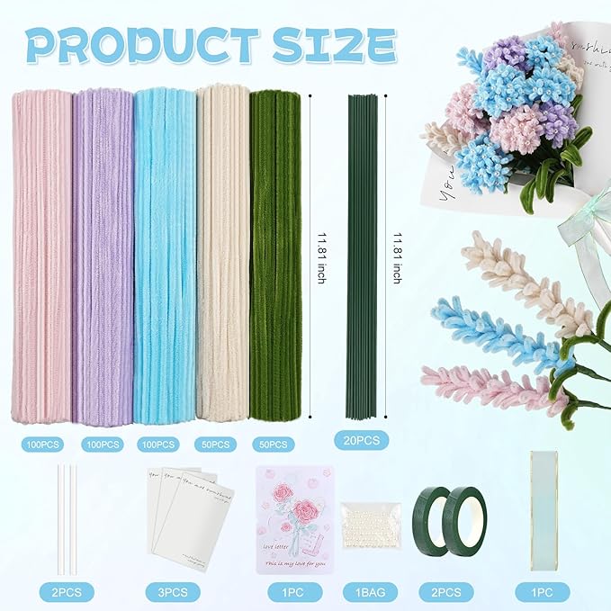 400 Pcs Craft Pipe Cleaners Flowers,5 Assorted Colors Chenille Stems Bulk with Floral Wires, Gardening Tape,Greeting Card,Bouquet Paper,Hot Glue Stick,Pearl & Ribbon,Ideals for Various Types Decor-DeskLoop Office