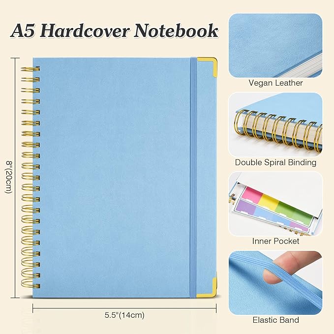 Bullet Dotted Journal Spiral Notebook, 300 Pages Leather Notebooks with Contens, 120 GSM Thick No Bleed Through Paper Journals, A5 Dot Grid Notebook for Women Men Work Writing, 5.5" x 8", Light Blue-DeskLoop Office
