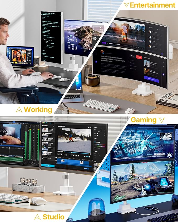 monTEK 17-57 Inch Dual Ultrawide Monitor Arm for Up to 59.4lbs Screen, Aluminum Heavy-Duty Gas Spring Vertical Stackable Curved Screen Adjustable Monitor Stand,75/100mm Vesa Mount, White-DeskLoop Office