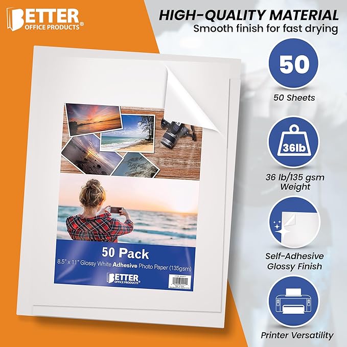 Better Office Products Self-Adhesive Photo Paper, Sticky Photo Paper, Glossy, 8.5 x 11 Inch, 50 Sheets, 135 gsm, Letter Size, 50-Count Pack-DeskLoop Office