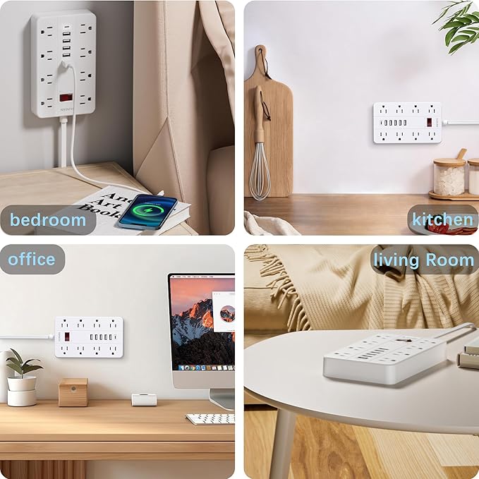 10 Ft Long Extension Cord,Power Strip Surge Protector HUNIAN Flat Plug with 8 Widely Spaced Outlets 6 USB(1 USB C Port), Wall Mount Charging Station for Home and Office,White-DeskLoop Office