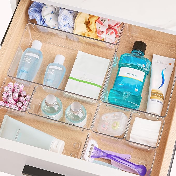 Vtopmart 25 PCS Clear Plastic Drawer Organizers Set, 4-Size Versatile Bathroom and Vanity Drawer Organizer Trays, Storage Bins for Makeup, Bedroom, Kitchen Gadgets Utensils and Office-DeskLoop Office