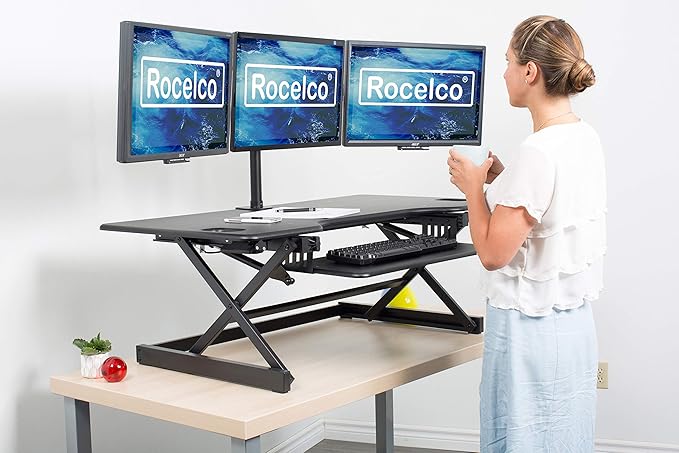 Rocelco 46" Large Height Adjustable Standing Desk Converter with Triple Monitor Mount BUNDLE - Quick Sit Stand Up Computer Workstation Riser - Retractable Keyboard Tray - Black (R DADRB-46-DM3)-DeskLoop Office