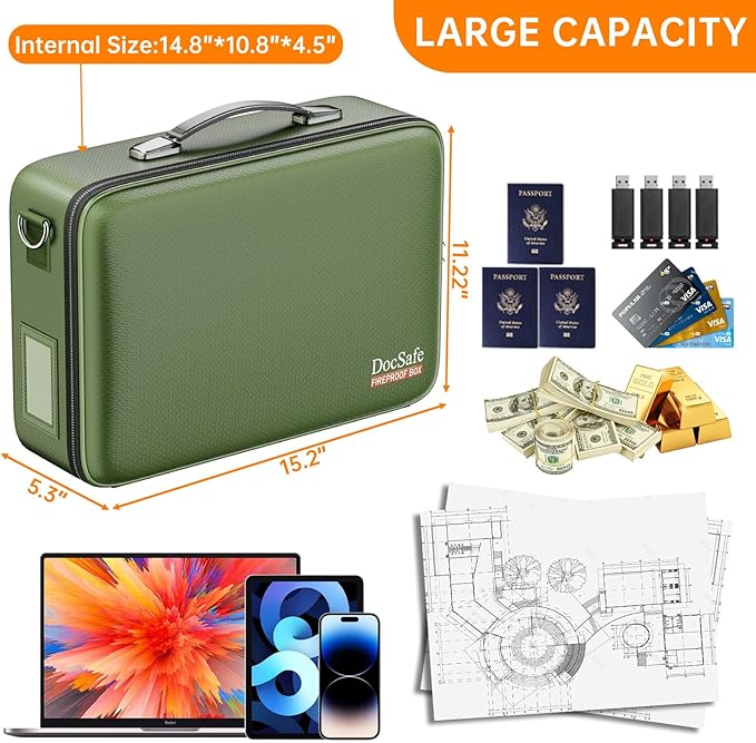 DocSafe Fireproof Document Box with Lock&Shoulder Strap,Hard Case File Organizer with Accordion File Folder,Multi-Layer Portable Home Office Travel Safe Storage for Important Documents Laptop Green-DeskLoop Office