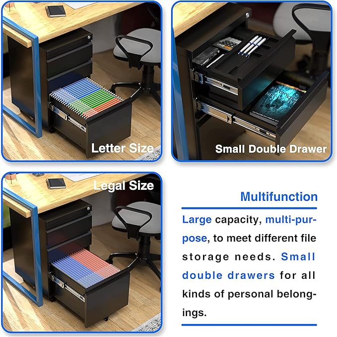 Aobabo 3 Drawer File Cabinet with Lock,Metal Filing Cabinet with Wheels for Home Office & Business Enterprise, Legal/Letter Size, Fully Assembled Except Wheels, Black-DeskLoop Office