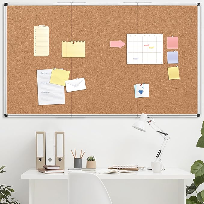 Board2by Extra Large Cork Bulletin Board 96" X 48", Foldable Notice Pin Board for Wall, Silver Aluminum Framed 8'x4' Corkboard, Wall Mounted Noticeboard with 36 Push Pins for School, Home & Office-DeskLoop Office