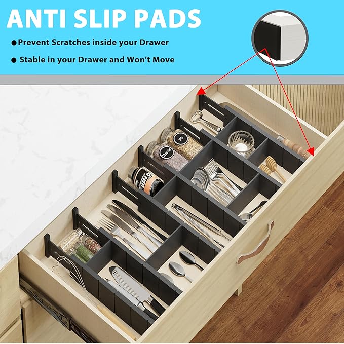 6 Pack Bamboo Drawer Dividers with 12 Inserts, Expandable Adjustable Clothes Drawer Organizers and Storage from 17" to 22" for Kitchen, Bedroom, Dresser, Cosmetics (Black)-DeskLoop Office