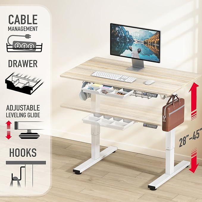 SHW 40-Inch Electric Height Adjustable Standing Desk with Drawer, Memory Preset and Cable Management Tray, Maple-DeskLoop Office