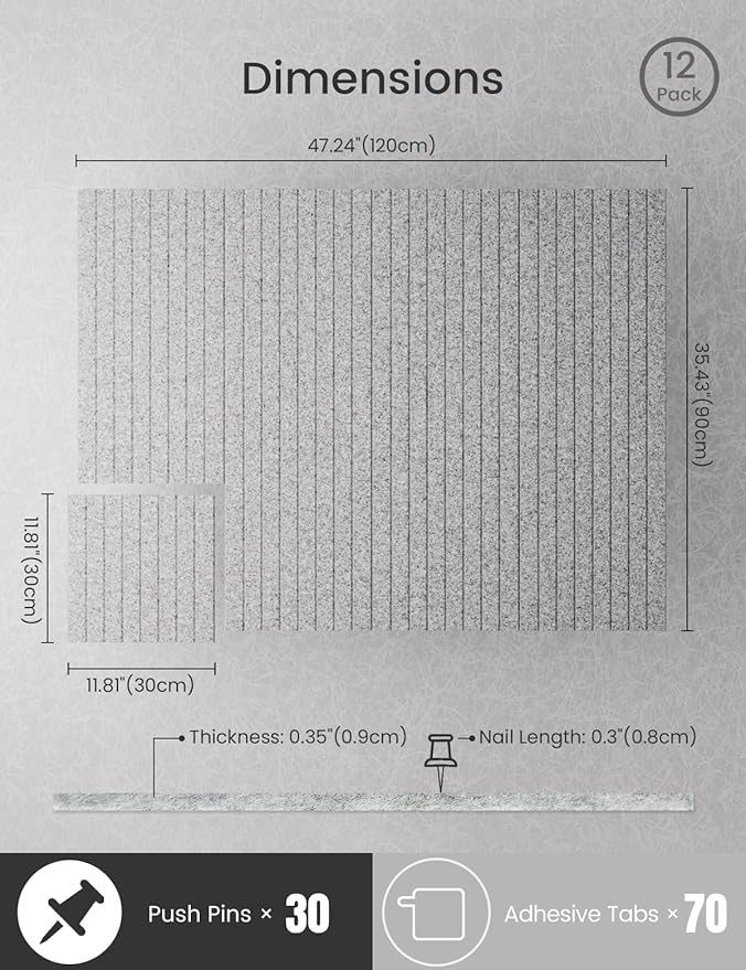 Bumusty Large Cork Board Alternative-47 x35 Felt Bulletin Board Tiles, with 30 Pushpins, 70 Adhesive Tabs, 12-Pack Slat Wall Paneling, Cork Boards for Office Push Pin Board Felt Board-Marble Gray-DeskLoop Office