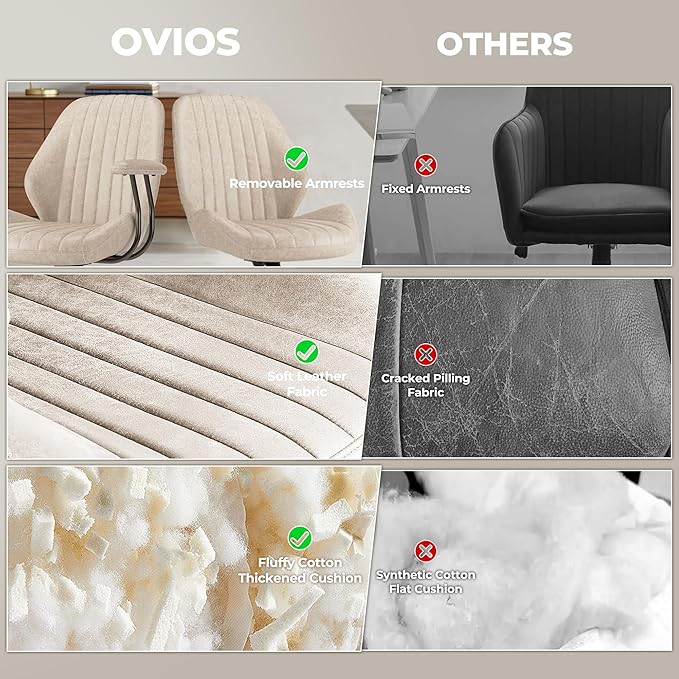 ovios Ergonomic Home Office Chair, Mid-Century Modern Faux Leather Chairs with Padded Armrests, Comfy Mid Back Swivel Rolling Executive Computer Armchair (Beige, Suede Leather)-DeskLoop Office