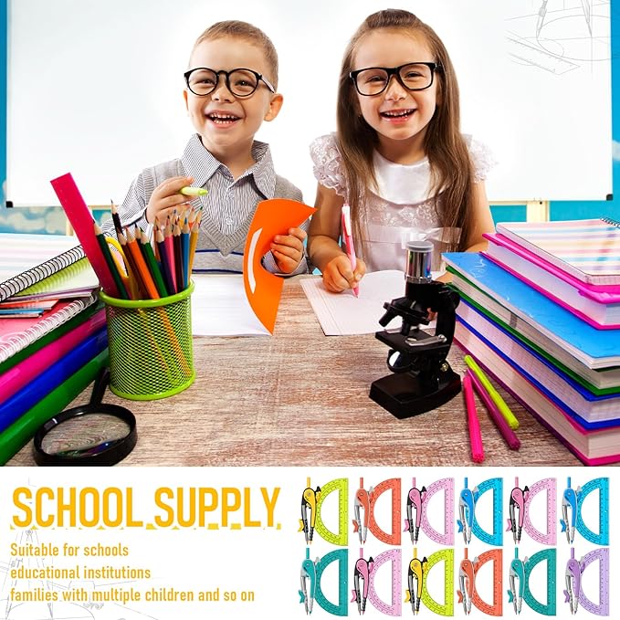 Chengu 12 Set Compass and Protractor Set, Multicolor Compass Geometry Tool 6 Inch 180 Degree Translucent Protractors for Geometry, Math Graphing Drawing Tools for Office and School Supplies-DeskLoop Office