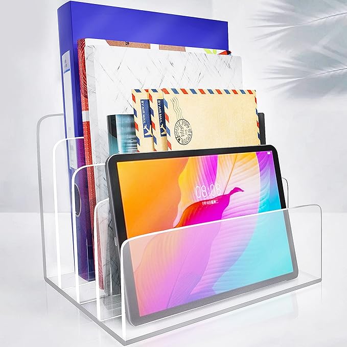 Clear Acrylic File Organizer, 4 Sections Acrylic File Holder Sorter, Office Desk Organizer for File Folder Mail Letter Book Electronics Makeup Eye Shadow Palette-DeskLoop Office