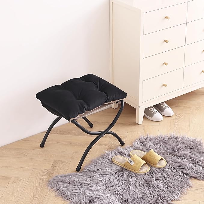 LITA Folding Upholstered Footrest Stool, Modern Small Portable Accent Ottoman with Detachable Thick Cotton Cushion Padded Sofa Stool with Metal Frame for Lazy Chair, Living Room & Bedroom, Black-DeskLoop Office