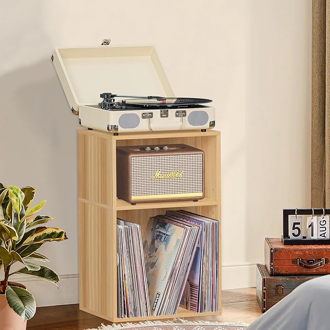 LEYAOYAO 2 Cube Bookshelf,Natural Record Player Stand Holds up to 100 Albums, Mini Wood Book Shelf Storage Organizer,Turntable Stand with Vinyl Storage Cabinet, Narrow Open Bookcase for Small Spaces-DeskLoop Office