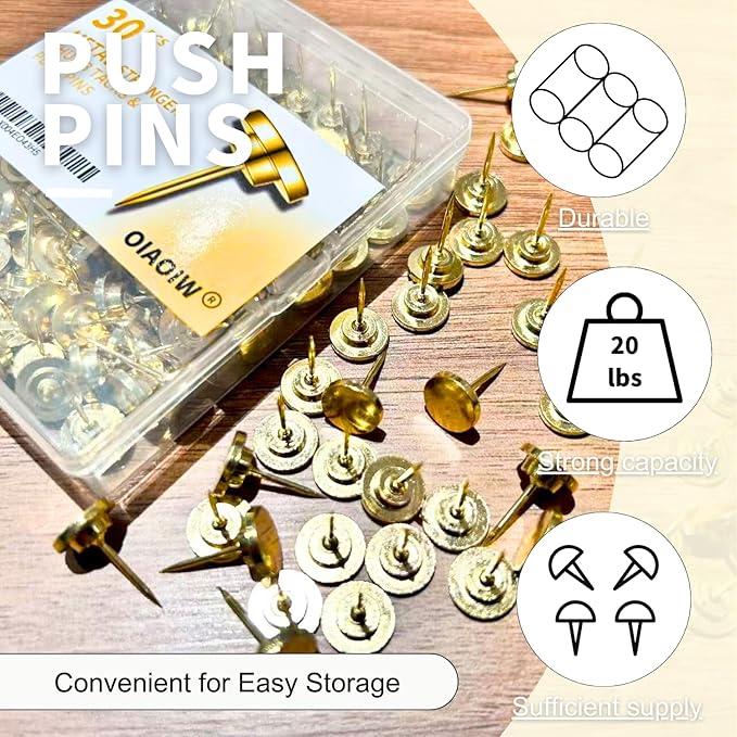 30 PCS Metal Gold Push Pins for Wall Clear Thumb Tacks for Walls Flat thumbtacks Push pin for Bulletin Board Shadow Box Display Thumbtack for Cork Board (Gold)-DeskLoop Office